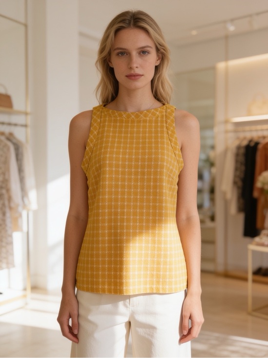 Ann Taylor Tops - Ann Taylor Yellow Textured Knit Tank Top Plaid M